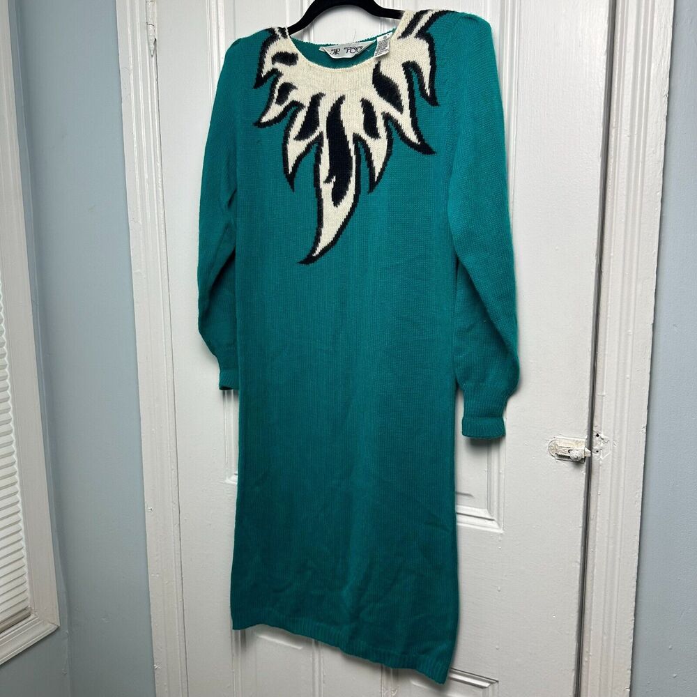 VTG JR Too Sweater Dress Womens‎ Small Blue White Angora Blend Long Sleeve Knit